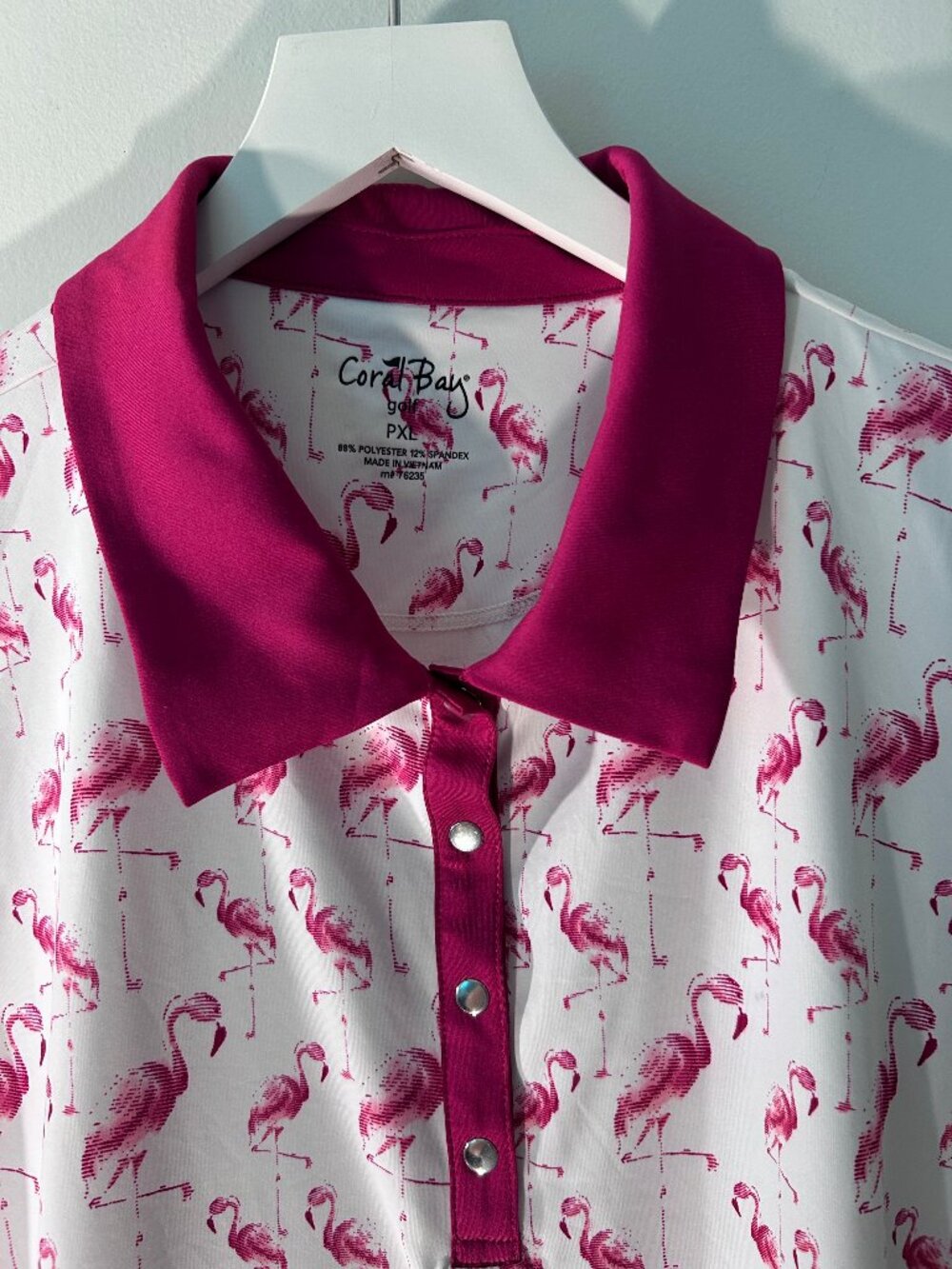 Coral Bay Golf Petite XL Flamingo Print Sleeveless Polo Top Pink and White